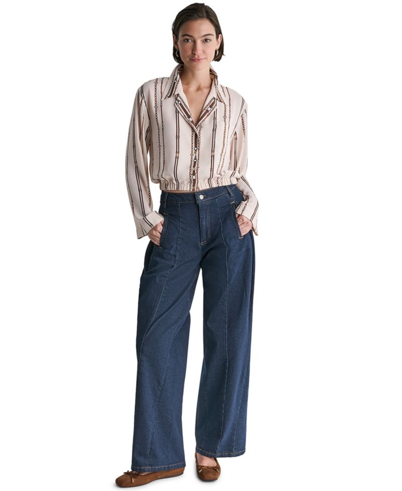 Women's Collared Long-Sleeve Crop Button-Up Top