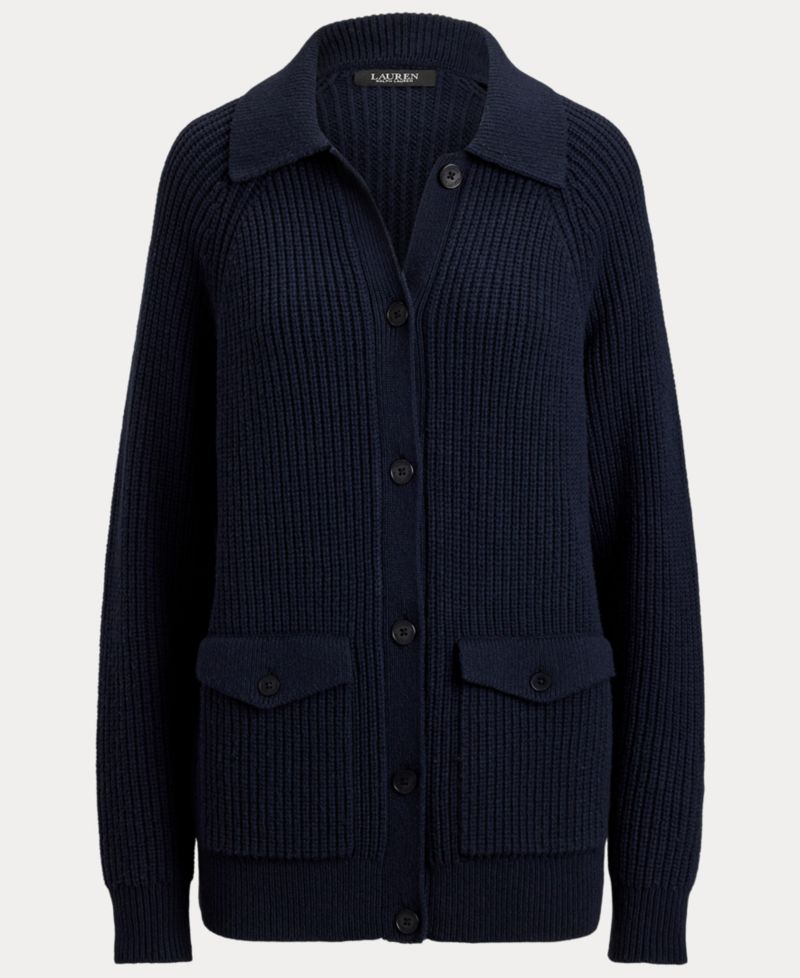Women's Wool-Blend Rib-Knit Spread Collar Cardigan