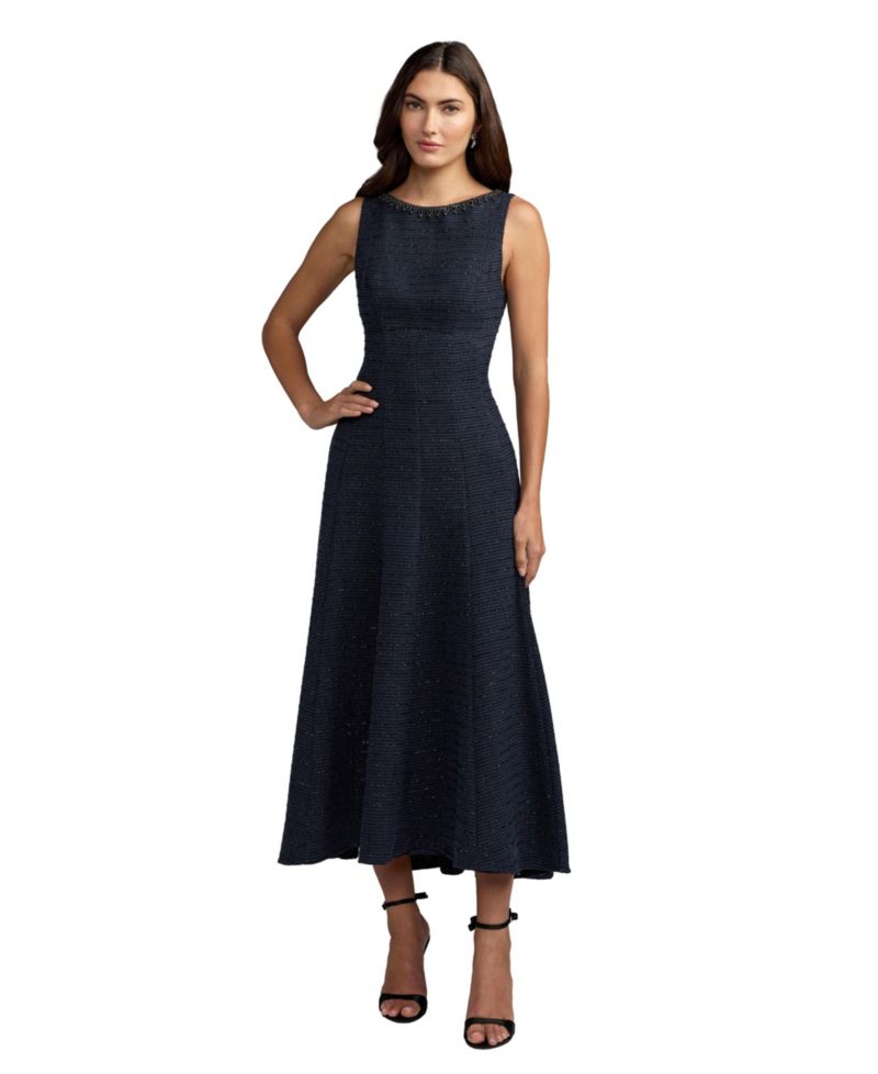 Women's Boat-Neck Boucl&eacute; A-Line Midi Dress