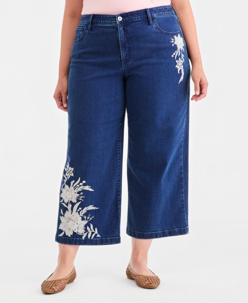 Plus Size High-Rise Wide-Leg Embroidered Ankle Jeans, Macy's Exclusive