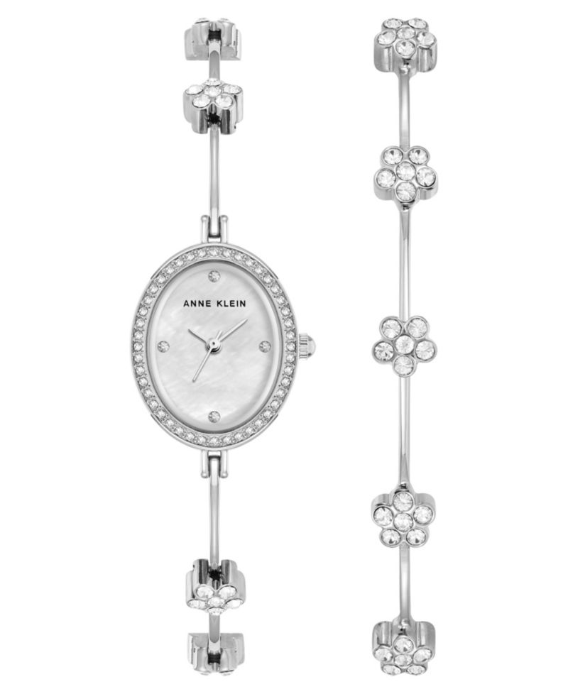Women's Quartz Delicate Crystal Flower Silver-Tone Stainless Steel Bracelet Watch Set, 19mm