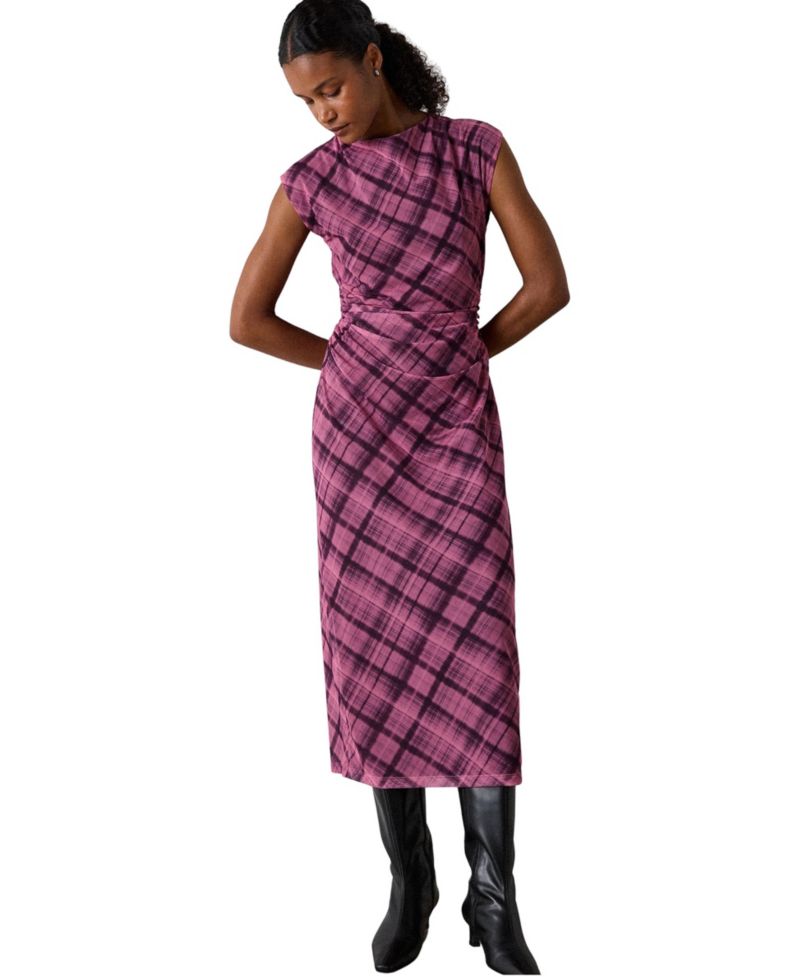 Women's Twist Check Mesh Ruched Midi Dress