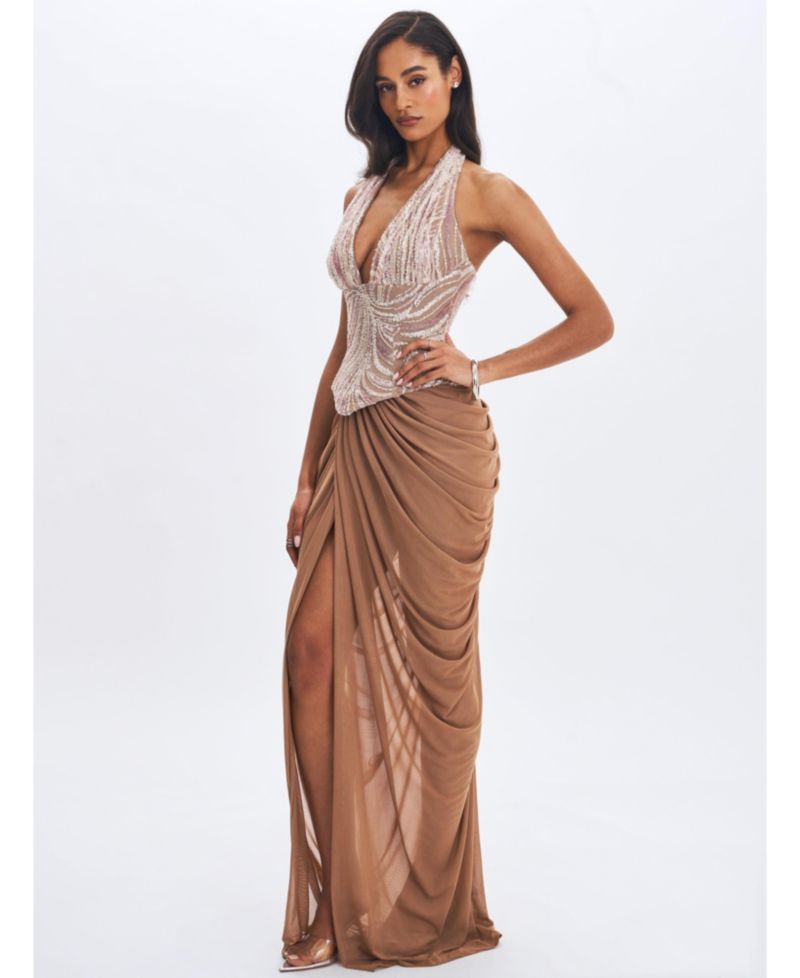 Women's Nancie Apricot Beaded Halter Peplum Pleated Maxi Dress
