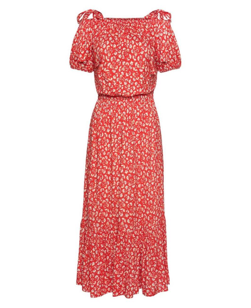 Women's Viscose Floral Print Pattern Elastic-Waist Midi Dress