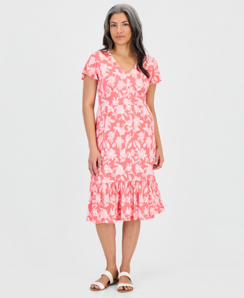 Petite Printed Knit V-Neck Midi Dress