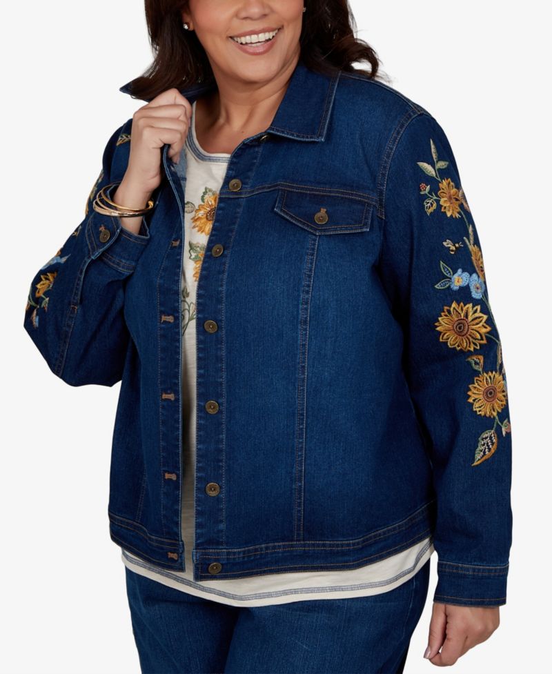 Plus Size Floral-Embroidered Denim Jacket