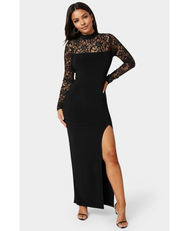 Women's Mock Neck Lace Bodice Maxi Dress