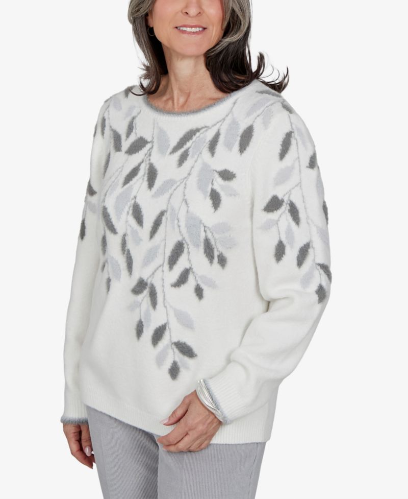 Petite Floral-Print Crewneck Long-Sleeve Sweater