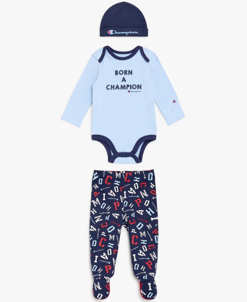 Baby Boys' Round Neck Long-Sleeve Bodysuit Pants & Hat, 3-Piece Set