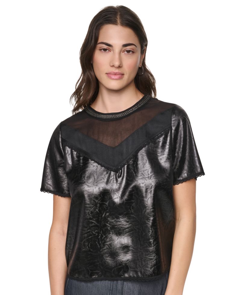 Women's Chain Neck Short-Sleeve Mixed Media Top