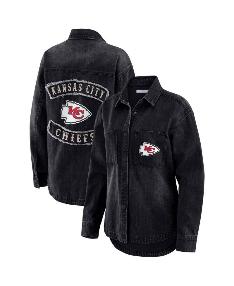 Women's Black Kansas City Chiefs Washed Oversized Denim Full-Snap Shacket