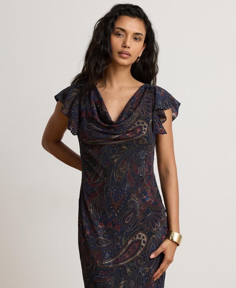 Women's Paisley Clipped Jacquard Cowlneck Gown