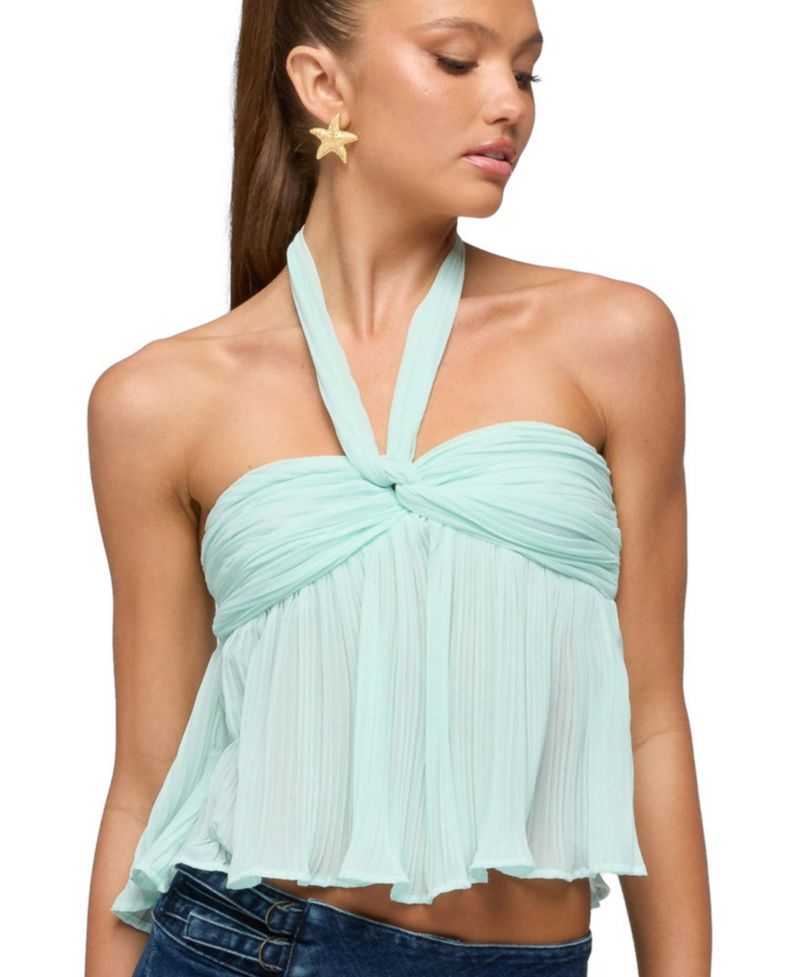 Women's Pleated Chiffon Babydoll Halter Top