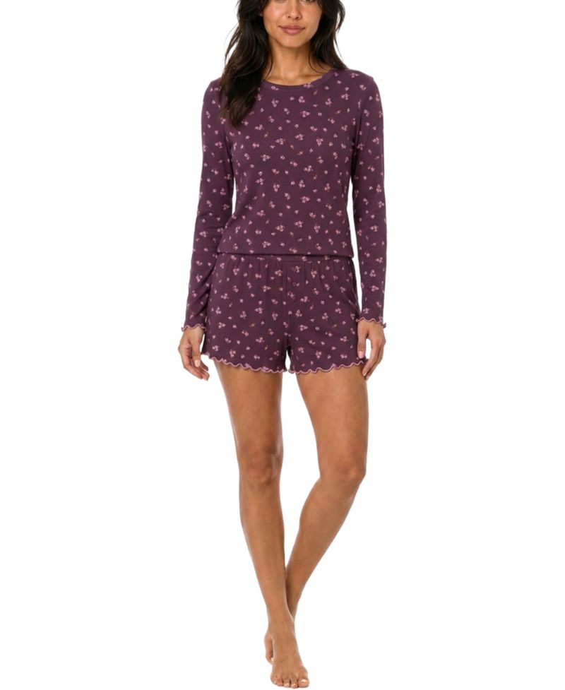 Women's Boat Neck Long-Sleeve Ribbed Tee and Shorts Set, 3" Inseam