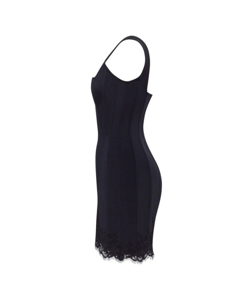 Womens Sultry Black Corset Mini Dress With Lace Hem