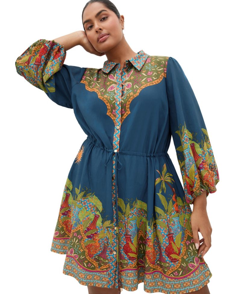 Plus Size Fools Paradise Print Collared Mini Dress