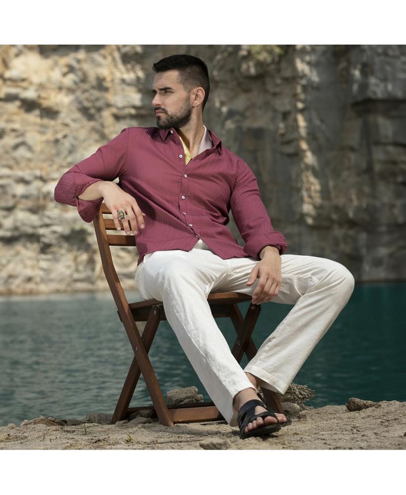 Men's Blush Red Self-Design Striped Shirt