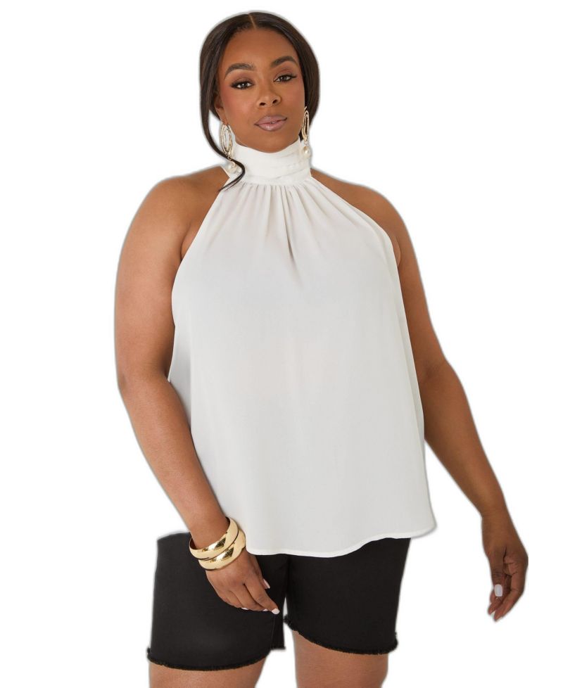 Women's High-Neck Crepe Keyhole-Back Top