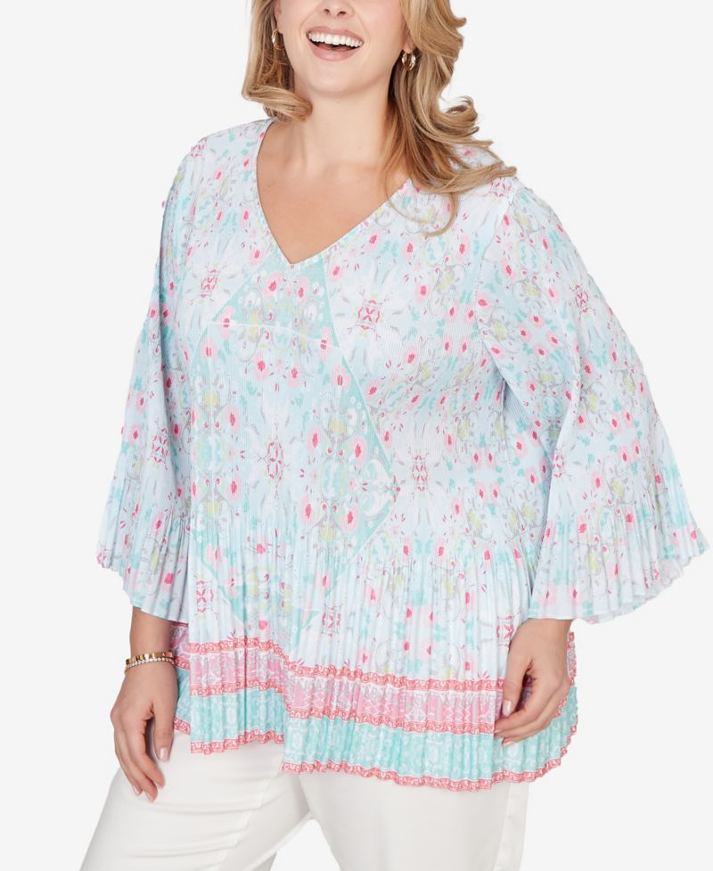 Plus Size Pleated Tapestry Print Bell Sleeve Blouse