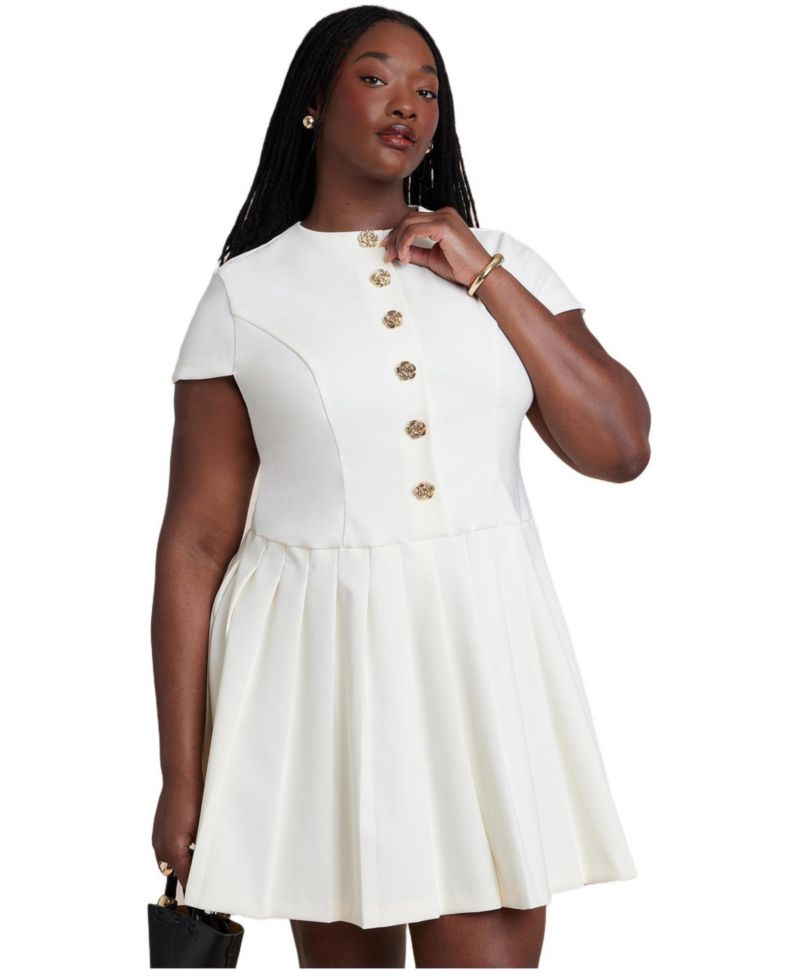 Women's Button Detail Pleated Mini Dress