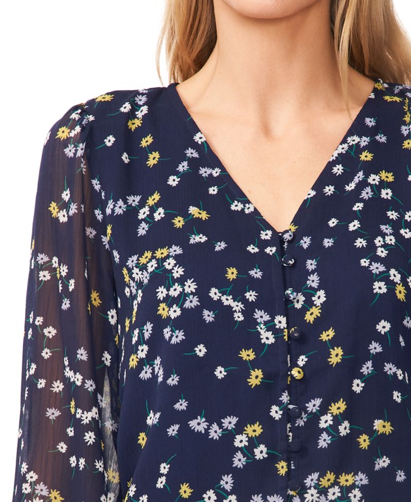 Women's Elastic Cuff V-Neck Button Up Top
