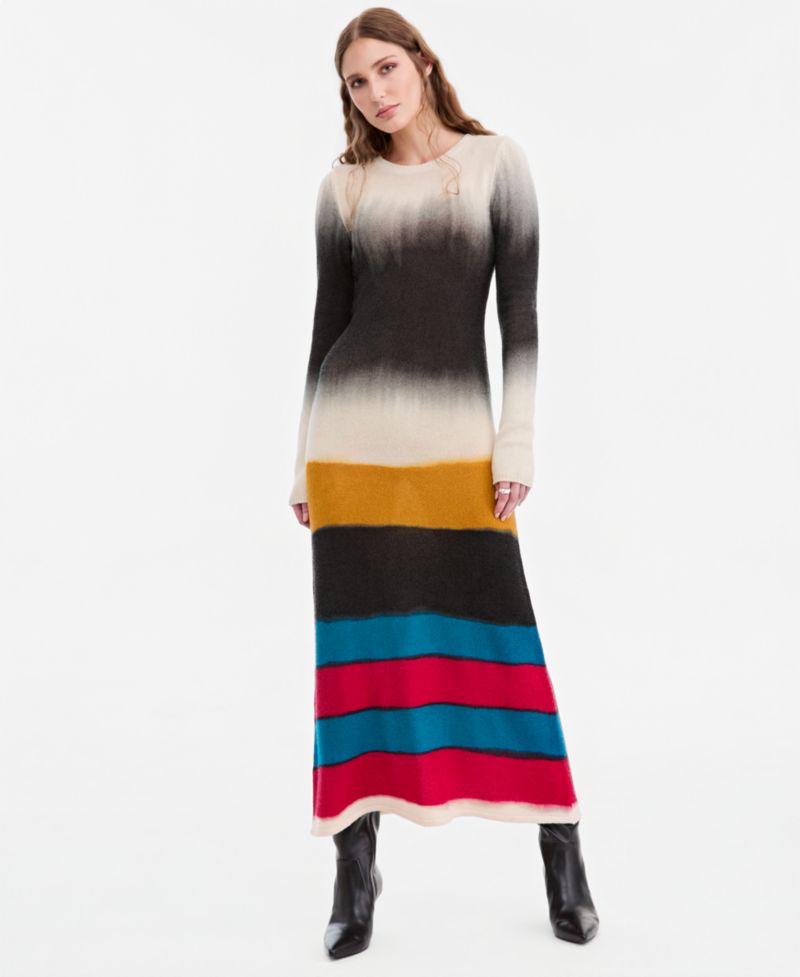 Women's Long-Sleeve Striped Wool-Blend Midi Sweater Dress