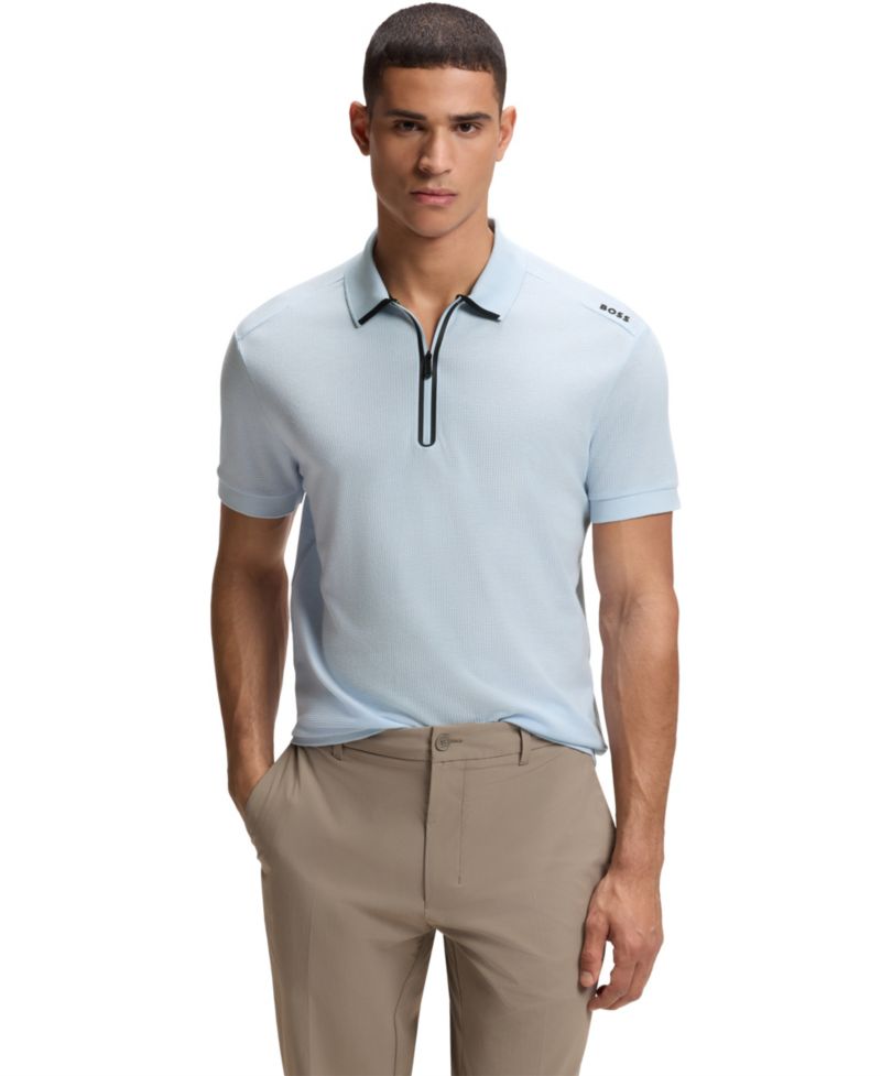 BOSS by Men's Waffle Jacquard Zip-Neck Polo Shirt