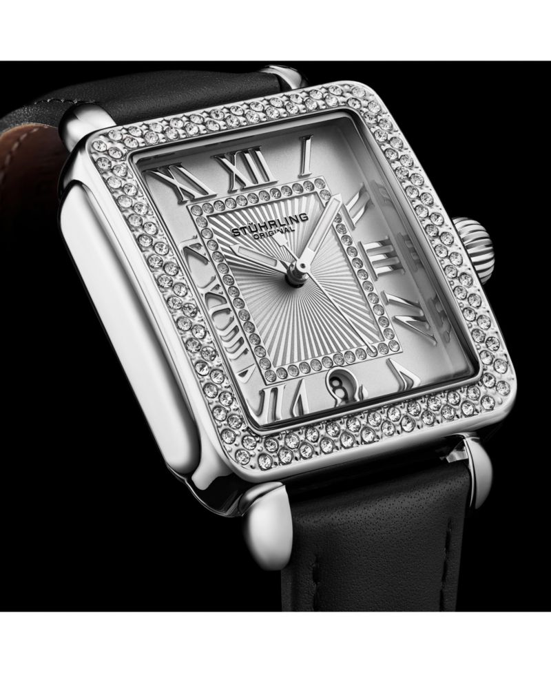 Elegant Women s Rectangular 35x47mm Dress Watch - Model 4060L.1, Silver Case, Black Leather Strap, Crystal Bezel