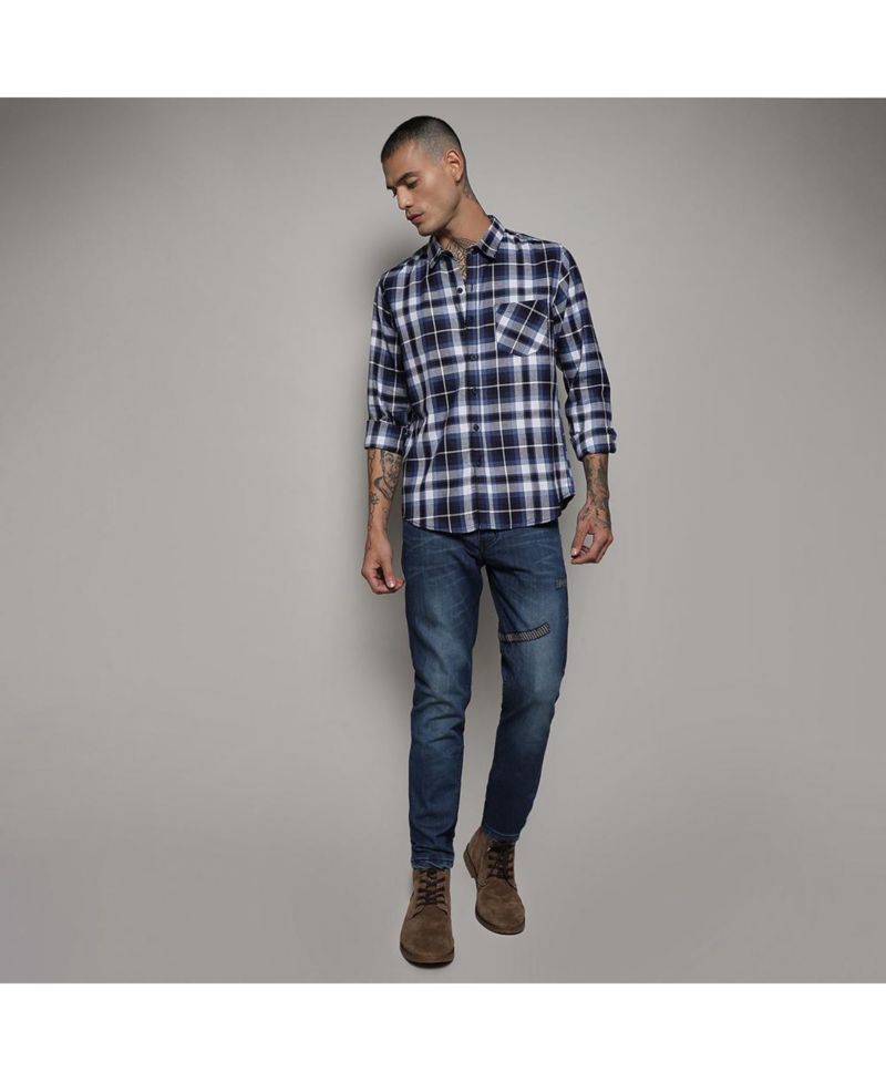 Men's Navy Blue Tartan Plaid Shirt