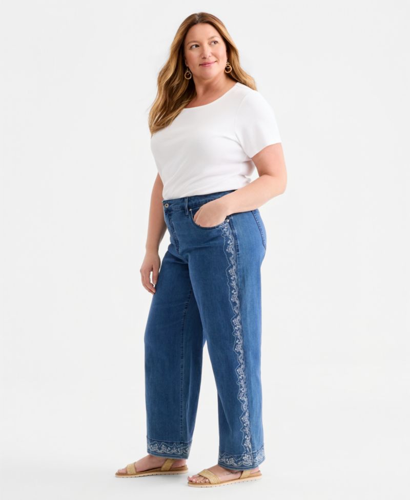 Plus Size Printed High-Rise Five-Pocket Wide-Leg Jeans