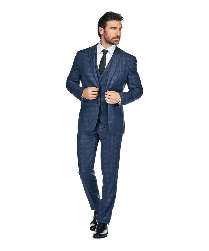 Slim Fit 3PC Tailored Blue Check Men's Suit