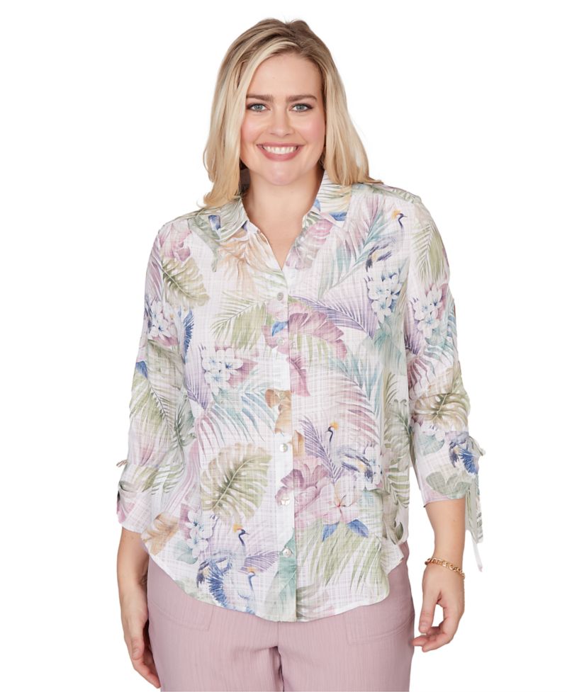 Petite Vintage-Inspired Charm Tropical Button-Front Tie-Sleeve Top