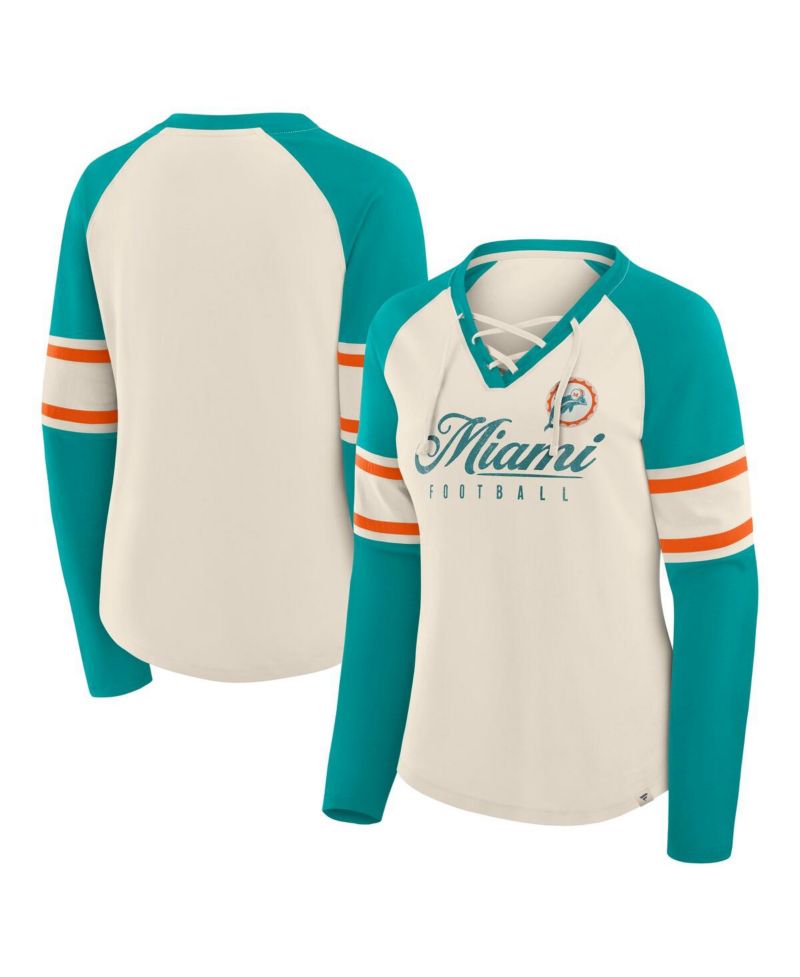 Women's Cream/Aqua Miami Dolphins Hometown Gridiron Hero Raglan Lace-Up V-Neck Long Sleeve T-Shirt