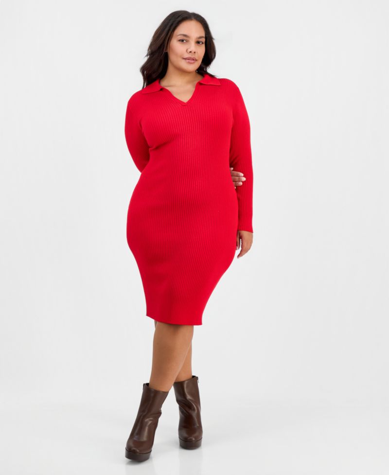 Plus Size Long-Sleeve Bodycon Polo Collar V-Neck Rayon-Polyester Blend Midi Dress