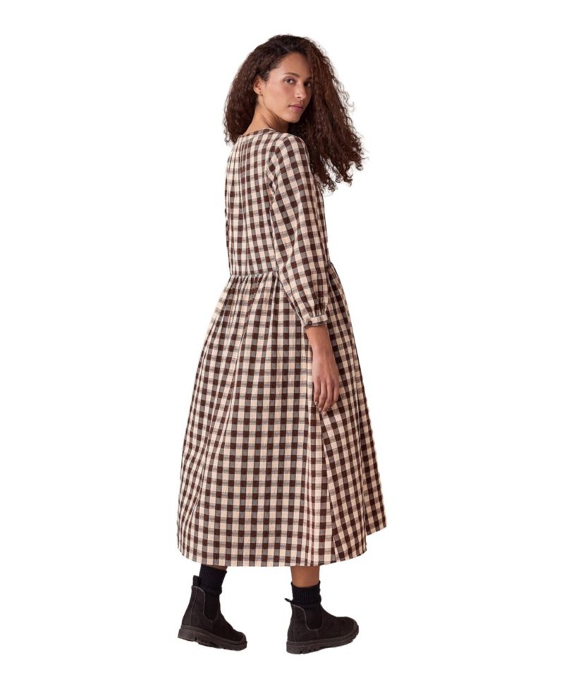 Women's Collarless Gingham Midi Dress
