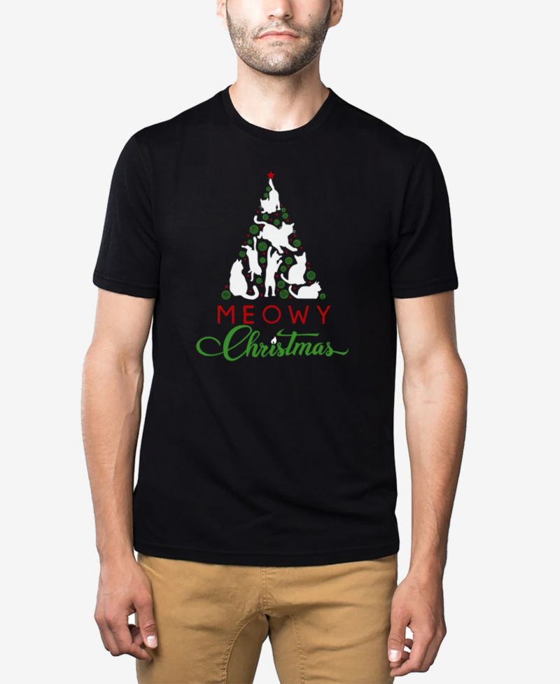 Men's Cotton/Poly Blend Word Art T-Shirt - Meowy Christmas Cats