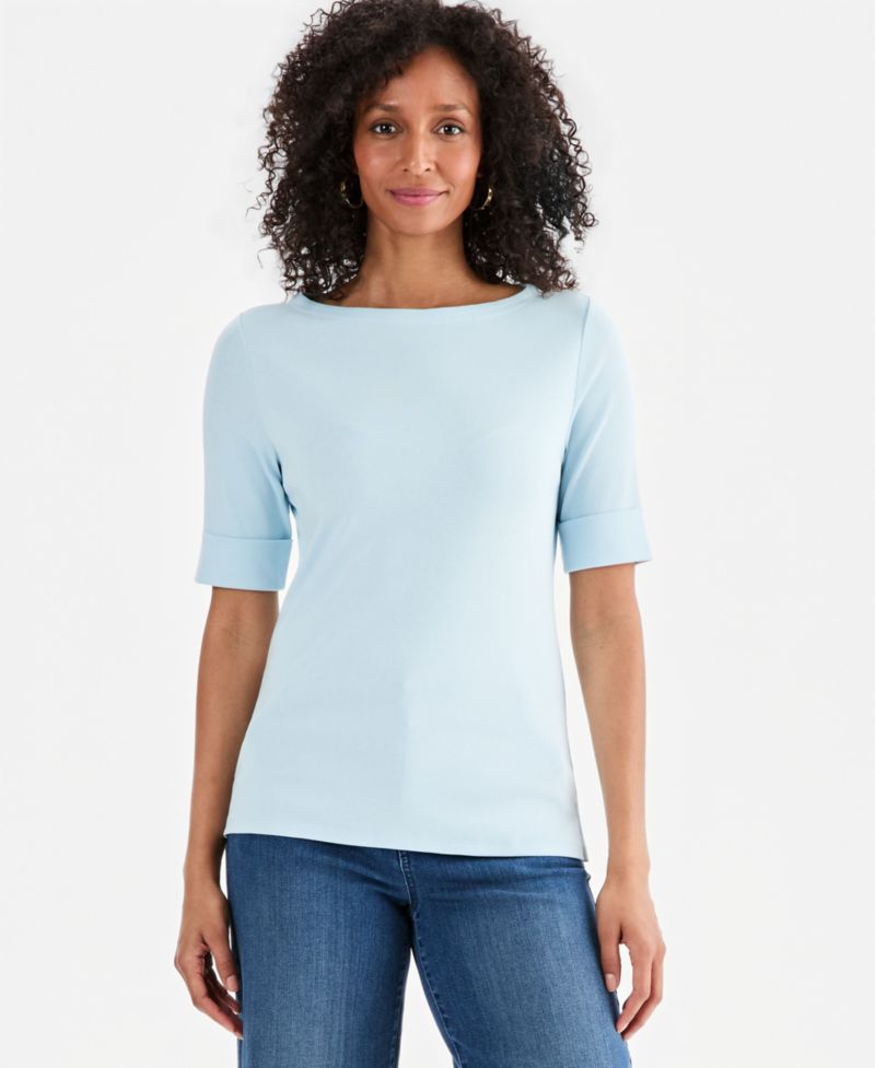 Petite Cotton Elbow-Sleeve Boat-Neck Top