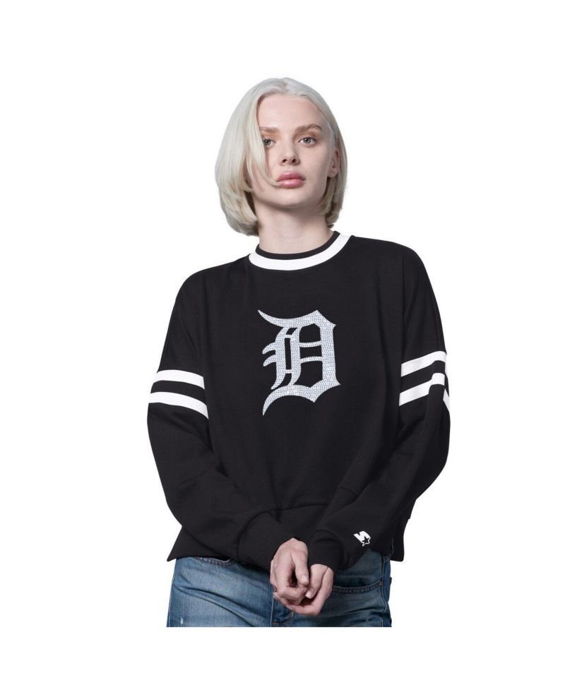 Women's Black Detroit Tigers Rally Cropped Drop Shoulder Crewneck Sweatshirt
