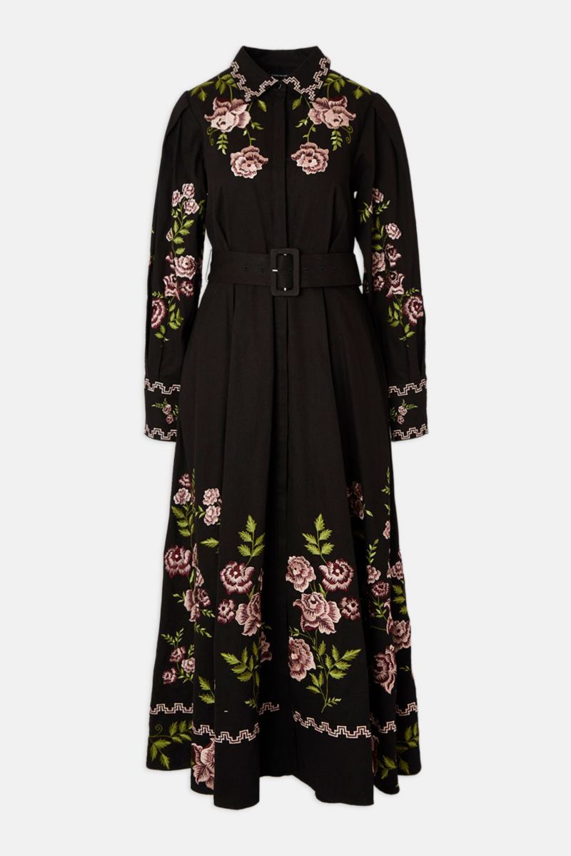 Women's Rose Embroidered Cotton Shirt Dress