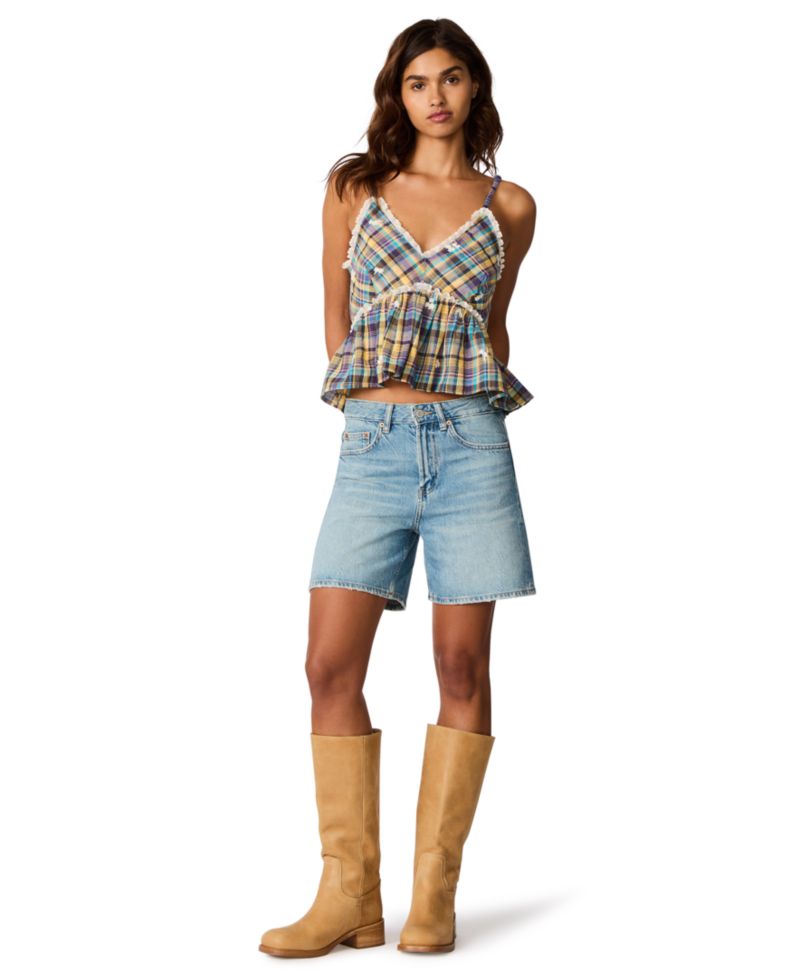 Women's Bryna Sleeveless Embroidered Plaid Peplum Top