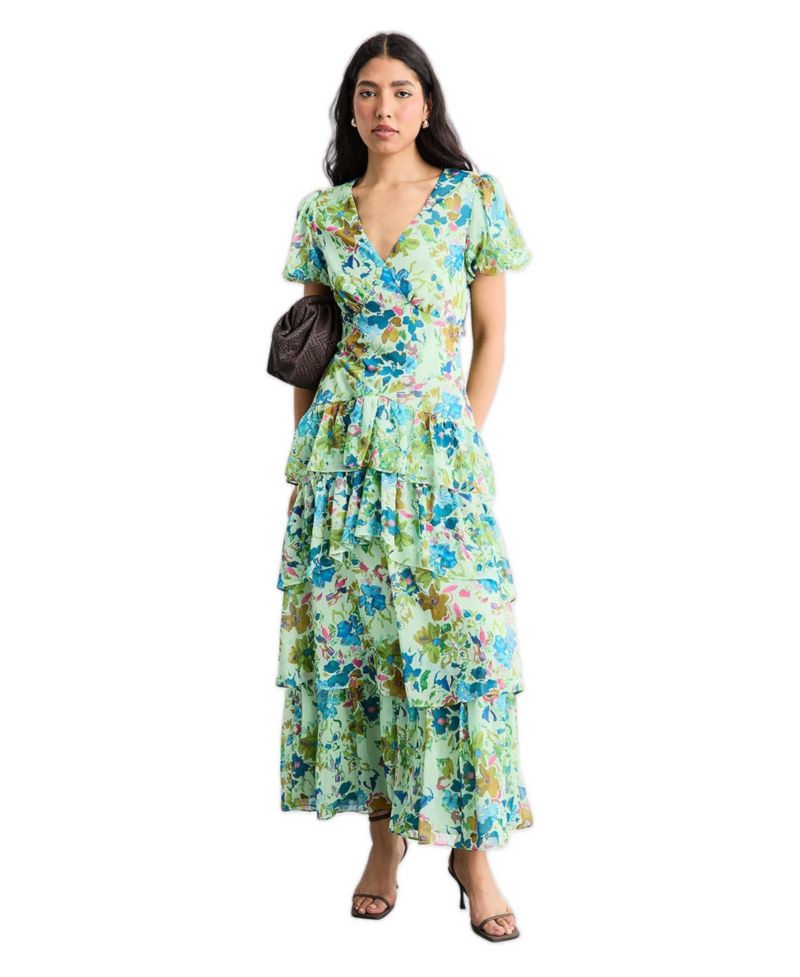 Women's Waist Puff Sleeve Tiered Midi Dress