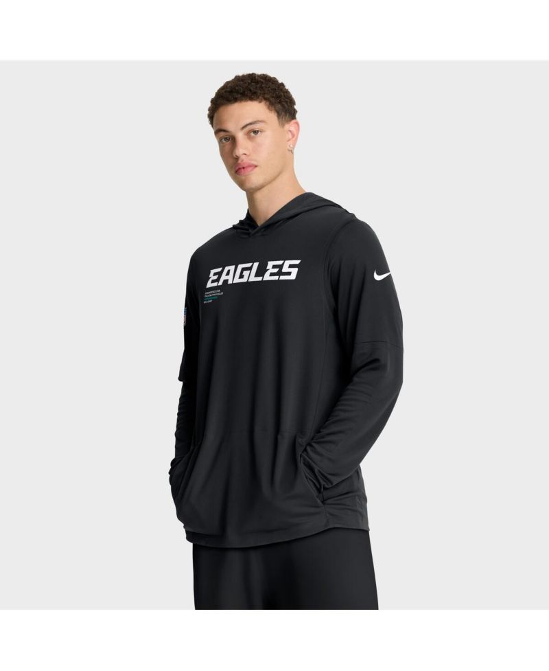 Men's Black Philadelphia Eagles Sideline Pure Fury Performance Long Sleeve Hoodie T-Shirt
