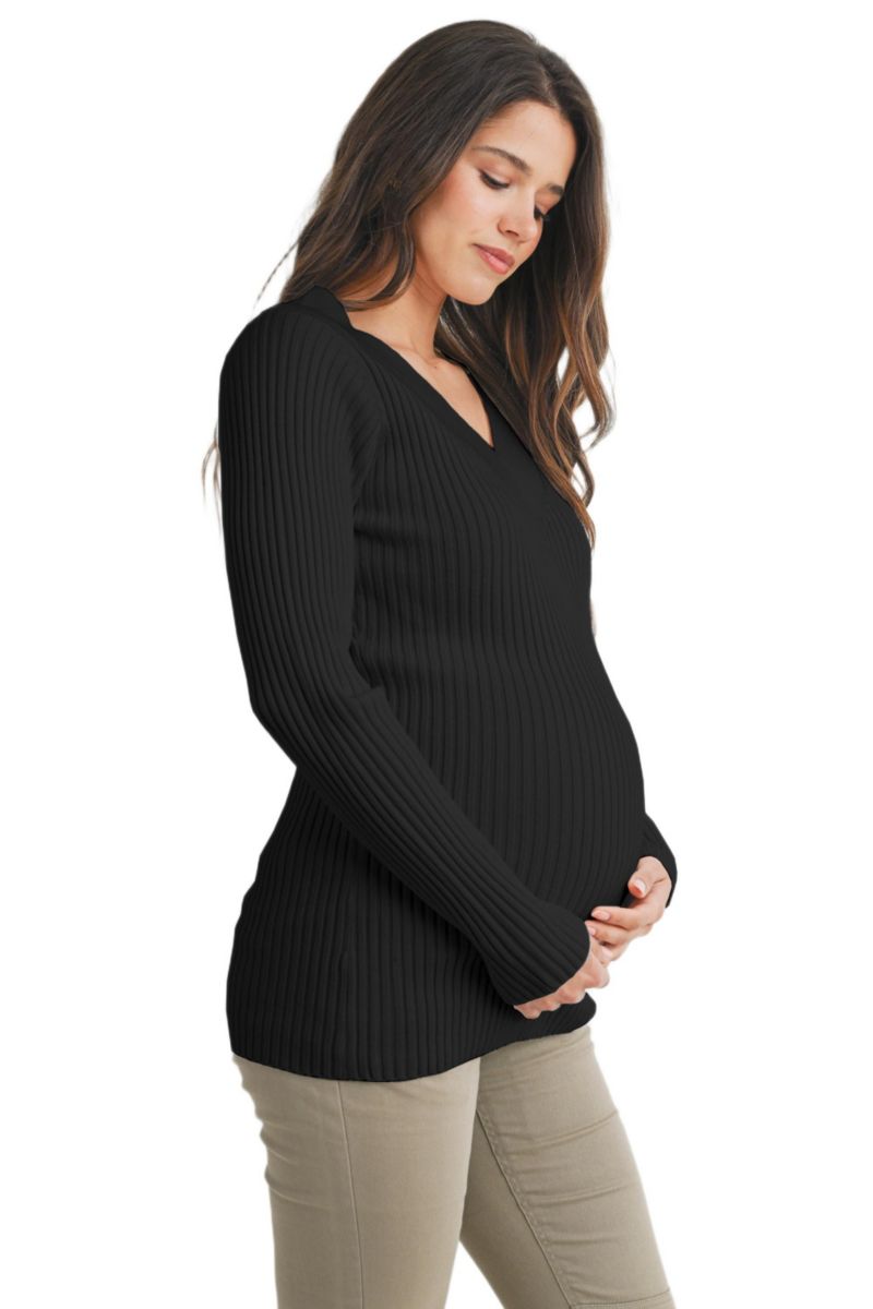 Maternity Ribbed Knit V Neck Long Sleeve Sweater