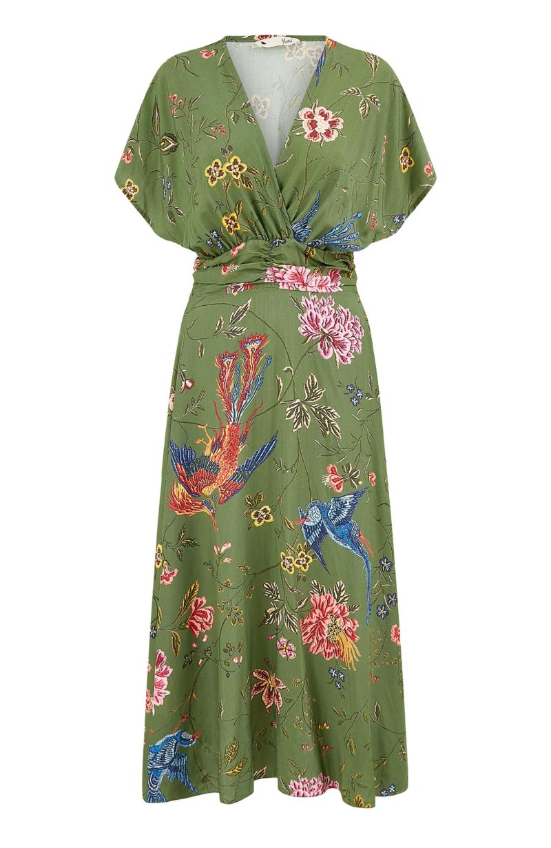 Women's Ruched Waist Kimono Sleeve Midi Dress
