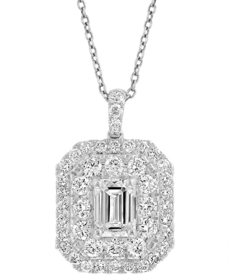 EFFY® Lab Grown Diamond Emerald- & Round-Cut Pendant Necklace (2-1/8 ct. t.w.) in 14k White Gold, 17" + 1" extender