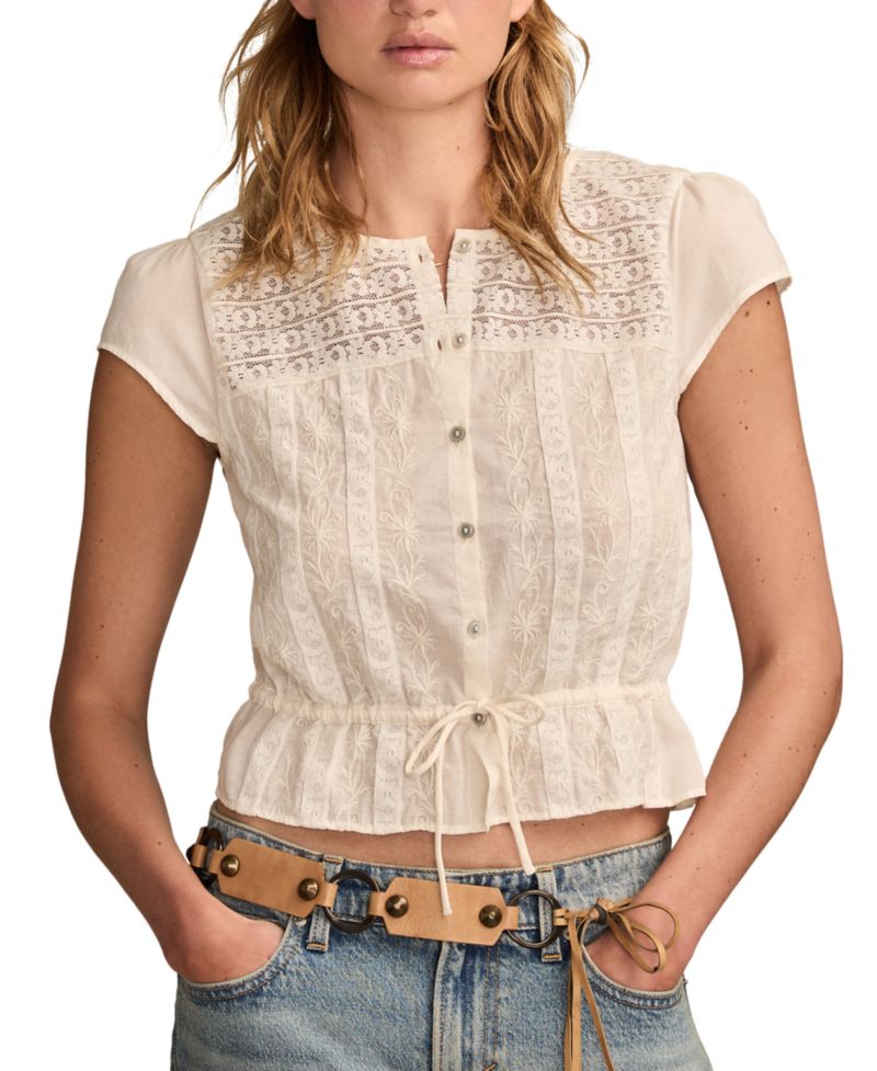 Women's Round-Neck Button-Front Tie Cotton Top