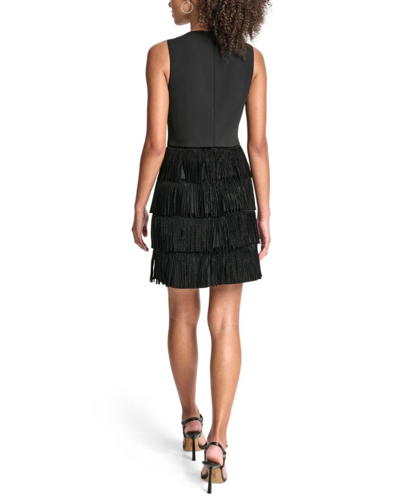Women's Tiered-Fringe Sleeveless Crewneck Shift Dress