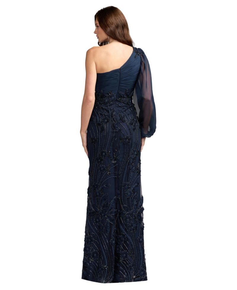 Petite One Shoulder Chiffon Gown with Embroidered Floral Skirt
