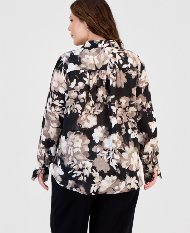 Plus Size Band-Collar Popover Blouse