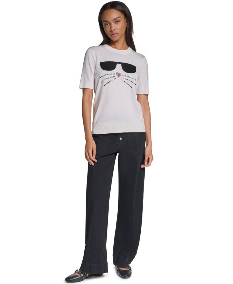 Women's Choupette Crewneck Short-Sleeve Rhinestone Graphic Sweater